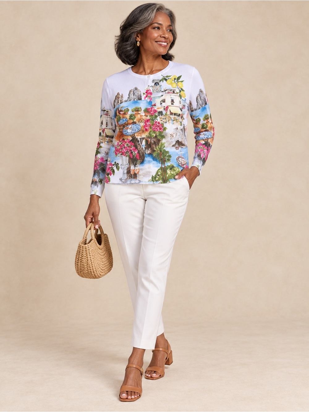 Talbots White Scenic Floral Coastal Print Long-Sleeve Top